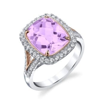 Halo ring featuring light purple amethyst center and elongated cushion cut side gemstones in 14K two tone gold