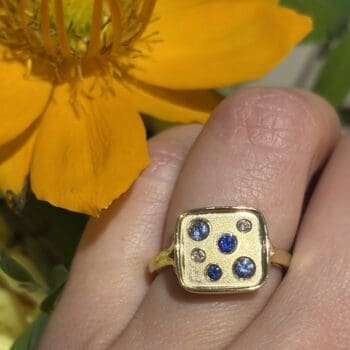 Sapphire and Diamond Galaxy Ring in 14K yellow gold, size 6.5, featuring natural blue sapphires and round diamonds
