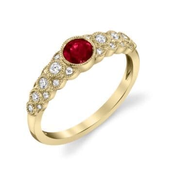 14K yellow gold ring with 0.45ct round red ruby center and 0.22ct round diamond accents in milgrain bezels, size 7