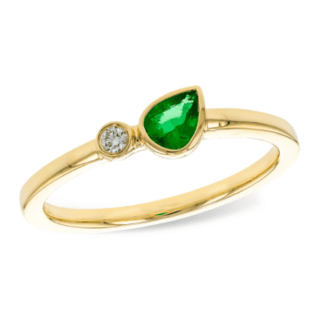 Toi and Moi ring with pear-shaped emerald and small round diamond in 14K yellow gold, size 7