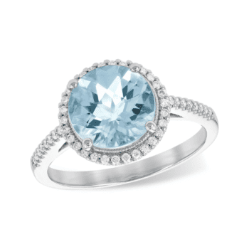 Light blue aquamarine ring with a round diamond halo set in 14K white gold