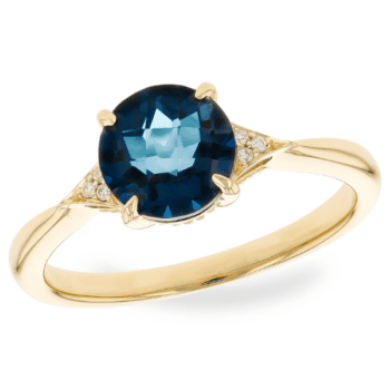 14K yellow gold ring with 1.60ct London Blue Topaz center and six round diamonds on sides