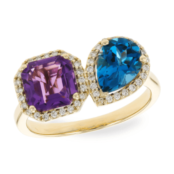 Two tone ring with purple amethyst center, emerald cut topaz, and diamond halo set in 14K yellow gold, size 7.25
