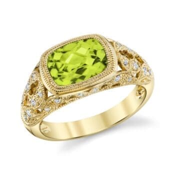 Peridot flower ring with lime green center and elongated cushion cut gemstones set in 14K yellow gold