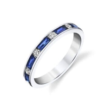 Anniversary Sapphire ring with blue sapphire and emerald cut diamonds in 14K white gold, size 7.25