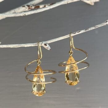 Pair of 14K yellow gold earrings with pear-shaped yellow topaz gems and French wire closure