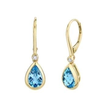 14K yellow gold leverback earrings with pear-shaped blue topaz gemstones and diamond accents