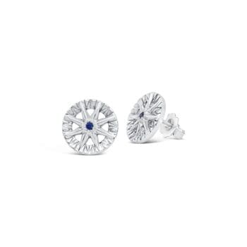 Compass Rose Sapphire stud earrings with blue sapphires set in 14K white gold
