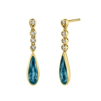 14K yellow gold earrings featuring teal blue topaz and pear shape gemstones in post dangle style