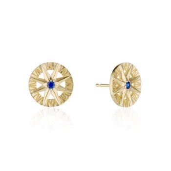 Compass Rose stud earrings with blue sapphire set in 14K yellow gold