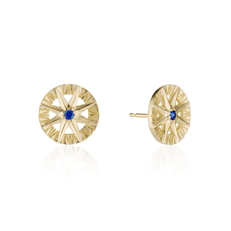 Compass Rose stud earrings with blue sapphire set in 14K yellow gold