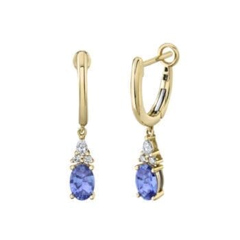 14K yellow gold huggie hoop earrings with six oval blue-purple tanzanite gemstones