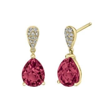 Pair of 14K yellow gold post dangle earrings with checkerboard-cut pear-shaped Rhodolite garnets and round diamonds