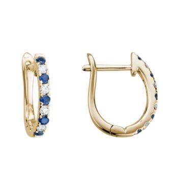 Blue sapphire huggie hoop earrings set in 14K white gold accented with round diamonds