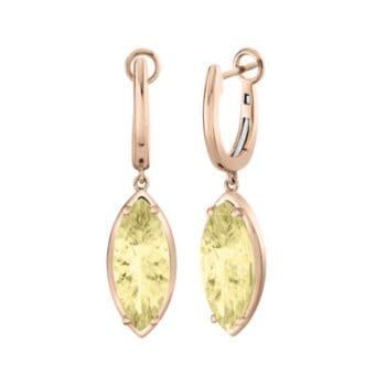 14K yellow gold huggie hoop earrings featuring light yellow citrine and marquise gemstone accents