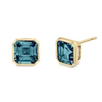 Blue topaz hexagonal stud earrings set in 14K yellow gold