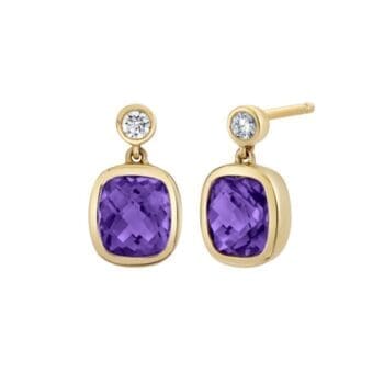 Pair of 14K yellow gold earrings with elongated cushion cut purple amethyst post dangles