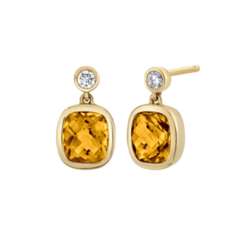 14K yellow gold stud earrings with orange citrine and elongated cushion cut gemstones in post dangle setting