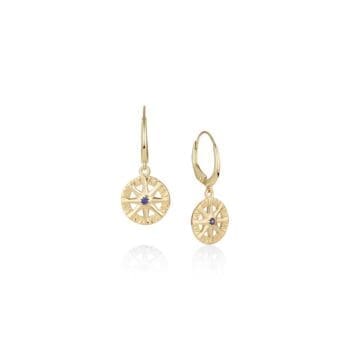 Compass Rose yellow gold leverback earrings with blue sapphires