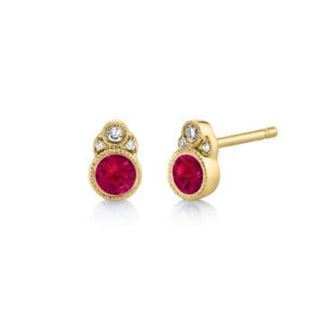 Ruby and diamond trio stud earrings in 14K yellow gold