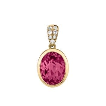 Drop garnet pendant with magenta center and oval accents in 14K yellow gold