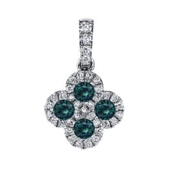 14K white gold quatrefoil pendant with four teal-purple alexandrite gems and diamond halo