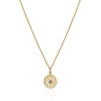 Compass Rose pendant in 14K yellow gold with central blue sapphire and round gemstone accents