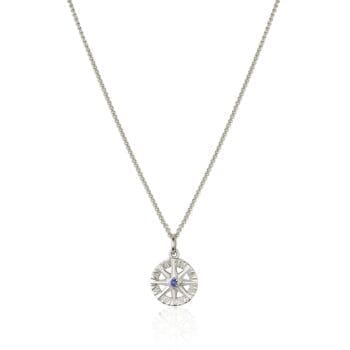 Compass Rose pendant with blue sapphire and round diamond accents in 14K white gold