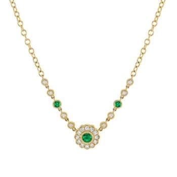 Emerald diamond necklace in 14K yellow gold with round diamond accents on adjustable chain