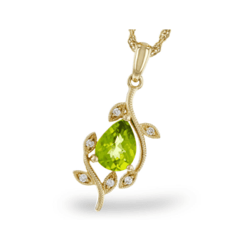 Peridot necklace with pear shape diamonds set in 14K yellow gold on an 18-inch chain