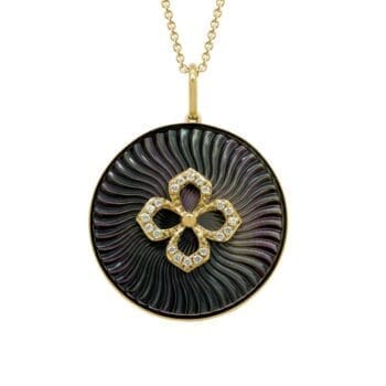 14K yellow gold necklace with black mother of pearl center and round diamonds