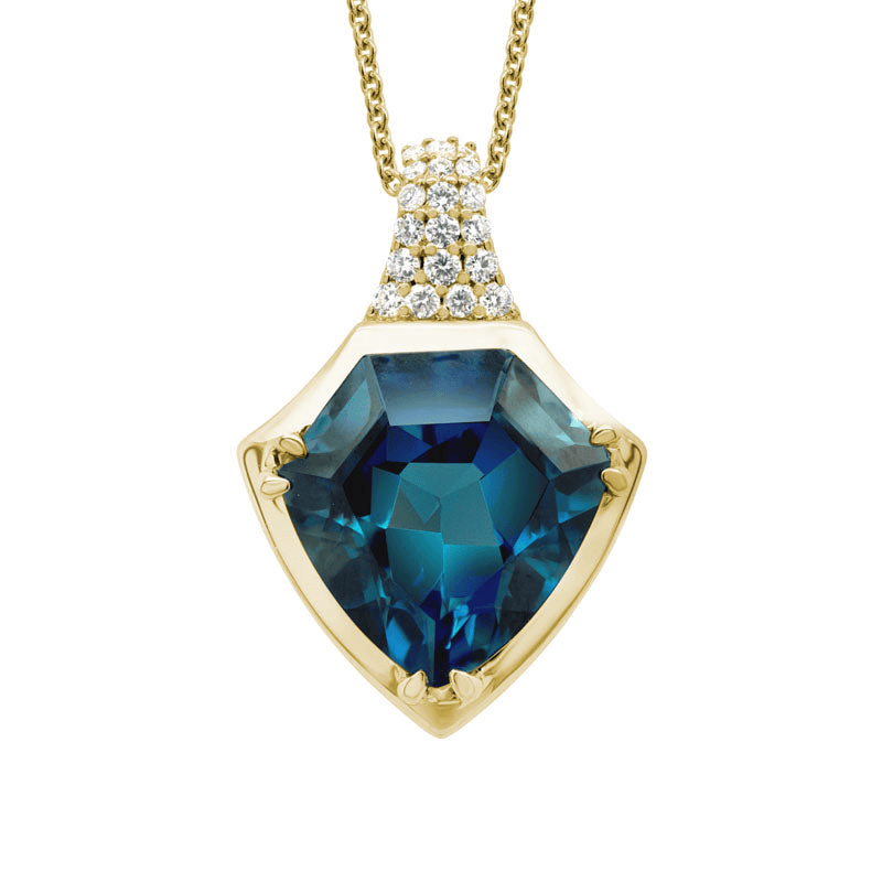 Shield cut London Blue Topaz pendant with diamond bail on 14K yellow gold adjustable chain