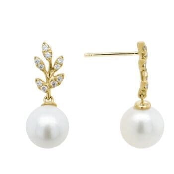 Drop earrings featuring 9mm freshwater pearls set in 14K yellow gold with post dangle setting