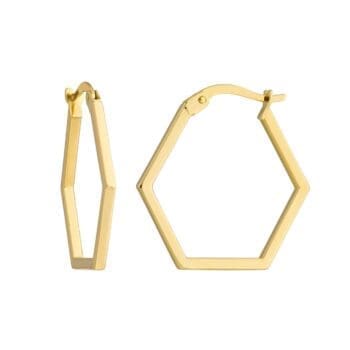 14K yellow gold hexagon-shaped honeycomb hoop earrings measuring 20mm