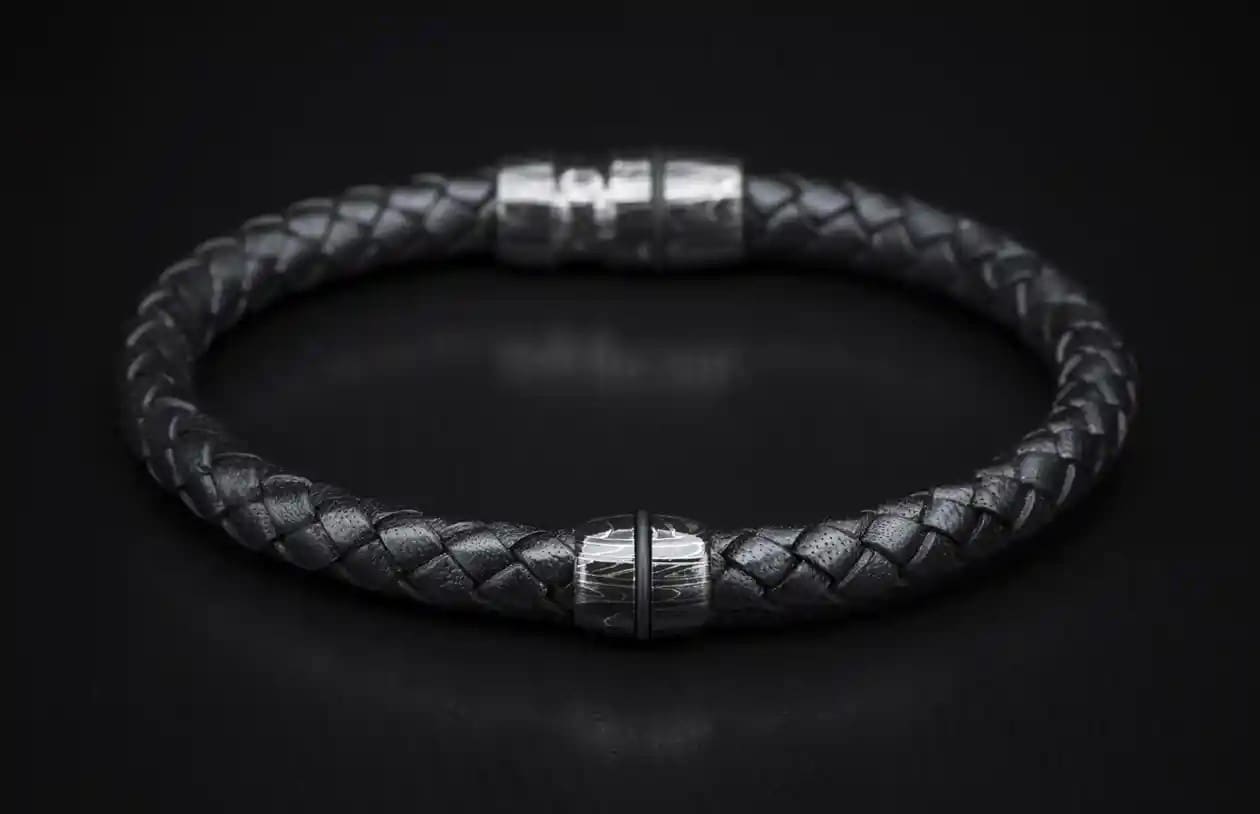 Jupiter bracelet featuring Damascus steel centerpiece and braided leather band