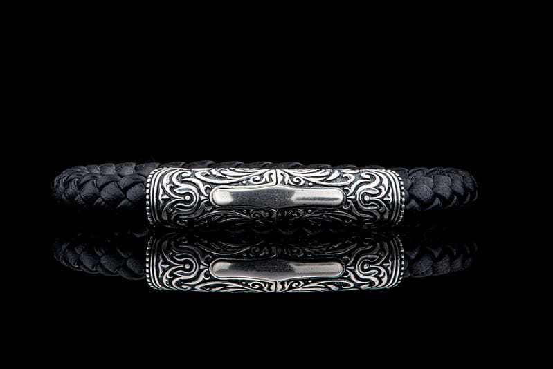 Milan Silver and Leather men's bracelet with black leather band and silver detailing